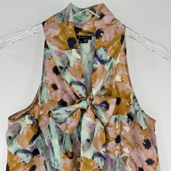 Theory blouse 100% silk watercolor floral sleeveless tie neck sash fairy small - Picture 3 of 8